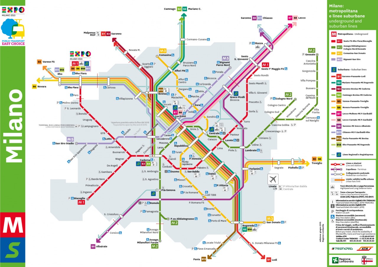 Схема метро и пригородных поездов Милана